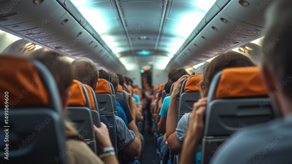 Fototapeta premium Airplane Interior: Passengers in Flight