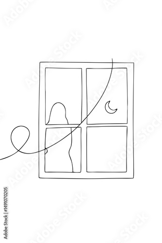 Lonely Figure in Window at Night for Emotional Art Projects, Storytelling Posters and Dreamy Decor – one line illustration, continuous line art, single line sketch