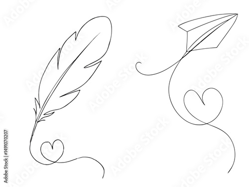Quill and Paper Plane with Hearts for Romantic Notes, Literary Themes and Love Letters – one line illustration, continuous line art, single line sketch