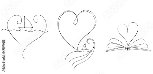 Sailboat, Heart and Book Compositions for Love-Themed Stories, Travel Art and Dreamy Decor – one line illustration, continuous line art, single line sketch