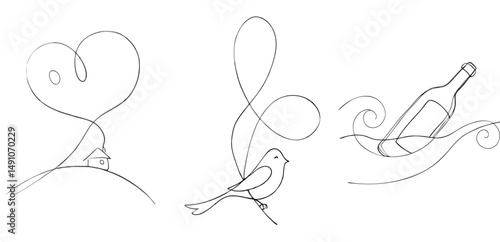 Bird, Heart and Message Bottle for Conceptual Illustrations, Fantasy Art and Symbolic Decor – one line illustration, continuous line art, single line sketch
