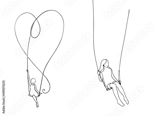 Girls on Swings with Heart Rope for Childhood Memory Projects, Family Posters and Emotional Designs – one line illustration, continuous line art, single line sketch