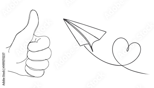 Thumbs Up and Paper Plane with Heart for Positive Messaging, Motivational Design and Greeting Cards – one line illustration, continuous line art, single line sketch