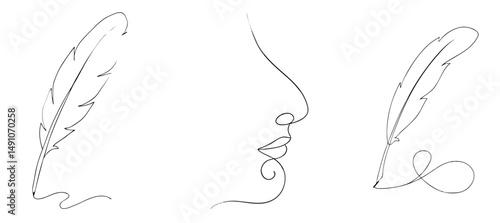 Quill Pen and Profile for Poetry, Literature and Creative Writing Illustrations – one line illustration, continuous line art, single line sketch