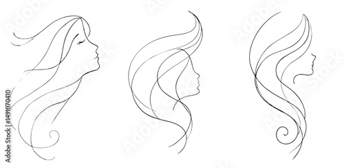 Female Faces with Flowing Hair for Beauty Brands, Hair Care Ads and Feminine Editorials – one line illustration, continuous line art, single line sketch