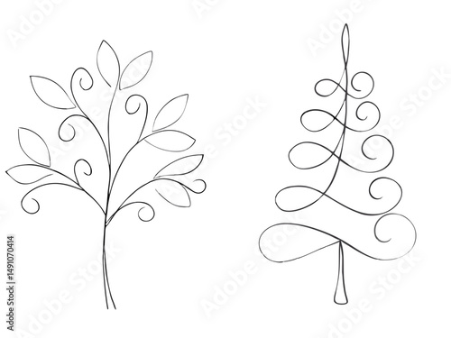 Tree and Spiral Christmas Tree Outline for Eco-Themed Decor and Seasonal Holiday Cards – one line illustration, continuous line art, single line sketch