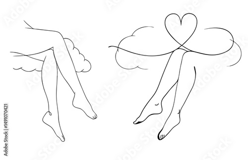 Female Legs with Clouds and Heart for Sensual Art Projects and Fantasy Illustrations – one line illustration, continuous line art, single line sketch