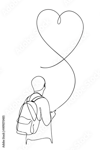 Boy with Heart Balloon Outline for Valentine’s Day, Love-Themed Prints and Posters – one line illustration, continuous line art, single line sketch