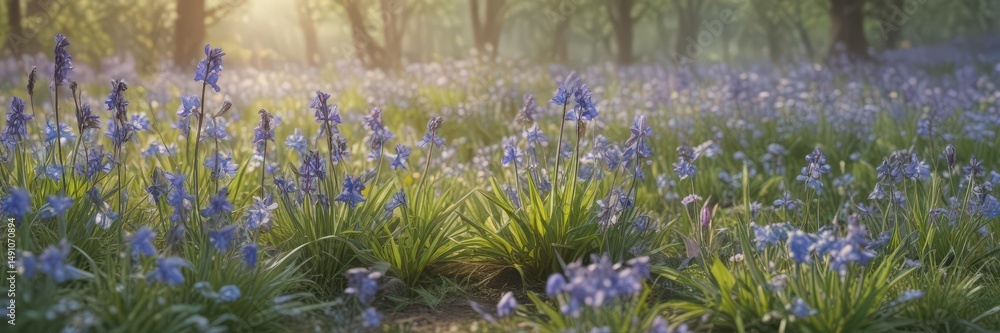 Obraz premium Delicate watercolor style; bluebells, crocuses, and forget-me-nots , bluebells, cute