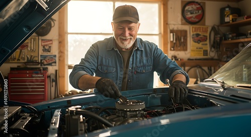 Man repairs vintage car engine