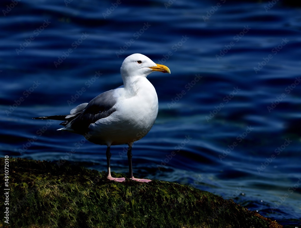 Obraz premium A black-tailed gull standing on a sandy beach near the sea in Korea. Captured in natural light, ideal for wildlife and coastal nature themes.