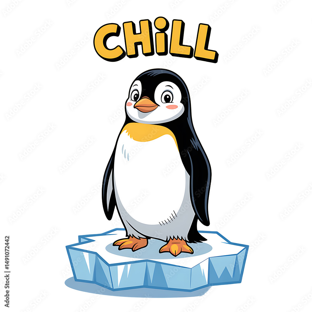 Obraz premium Cartoon penguin stands on an ice floe below the word chill on transparent background