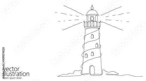 Lighthouse one line drawing. Continuous outline beacon architecture minimalist design. Nautical safety travel navigation tourism. Simple line black background vector