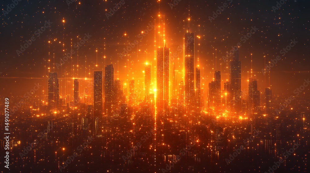 Obraz premium Cyberpunk-inspired golden cityscape with glowing towers