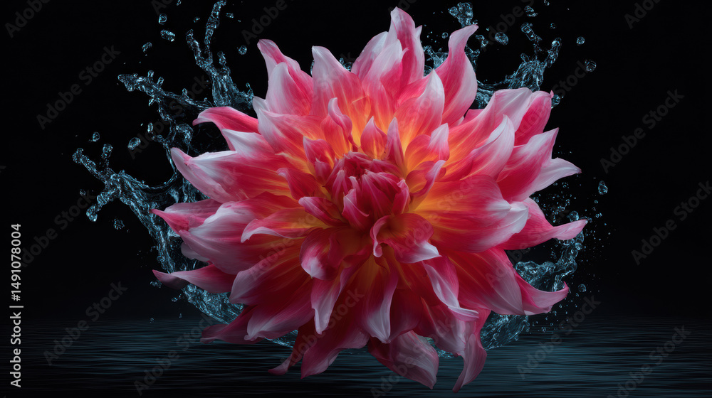 Obraz premium An eye-catching dahlia with pink and white petals is captured with dynamic water splashes against a dark backdrop, creating a visually stunning floral display.