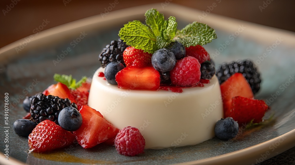 Delicious panna cotta dessert recipe with fresh berries and mint garnish italian dessert photography Delicious panna cotta dessert recipe with fresh berries and mint garnish italian dessert photography