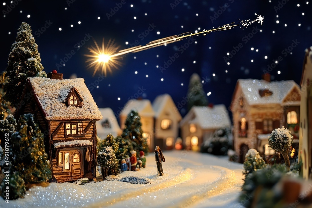 Fototapeta premium Shooting star illuminates a festive village scene during Christmas celebrations, a shooting star in a village decorated for Christmas