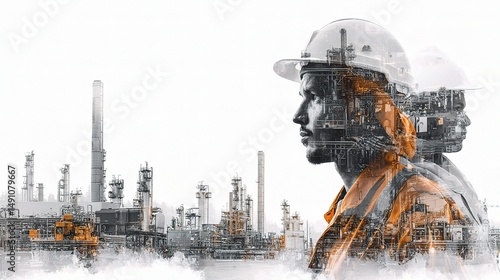 Diverse Factory Workers in Artistic Double Exposure Effect