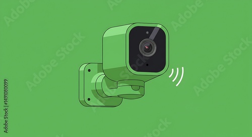 Isolated cartoon illustration of a green security camera broadcasting wireless signal