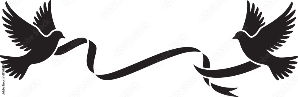 Obraz premium Black and White Vector Silhouette of Doves Flying with Ribbon