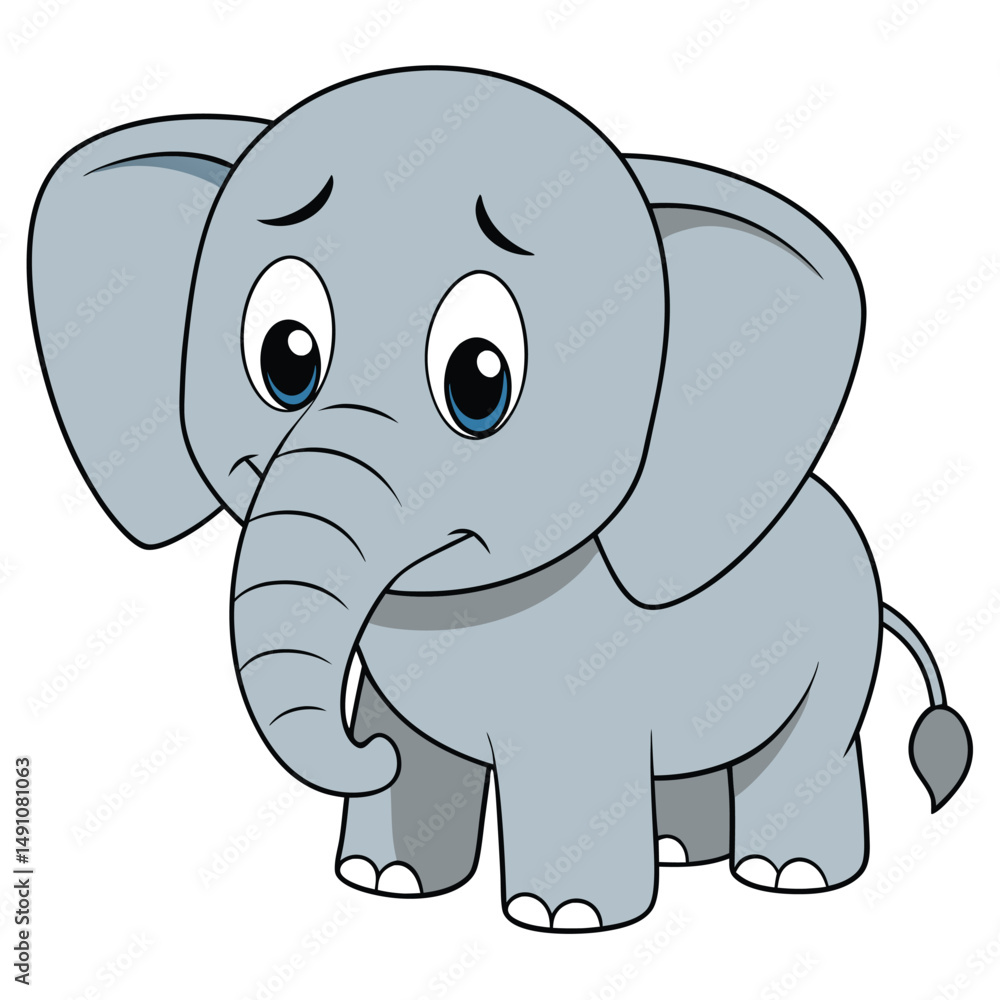 Naklejka premium Sad Cartoon Elephant Standing – Cute Emotional Animal Character Illustration