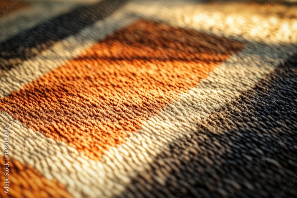 Fototapeta premium Close-up of a warm-toned, textured carpet with geometric patterns and sunlight highlighting the soft, woven fibers, creating depth.