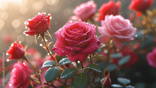 Fototapeta Naklejka Na Ścianę i Meble -  Exquisite roses in bloom adorned with water droplets in a soft bokeh garden