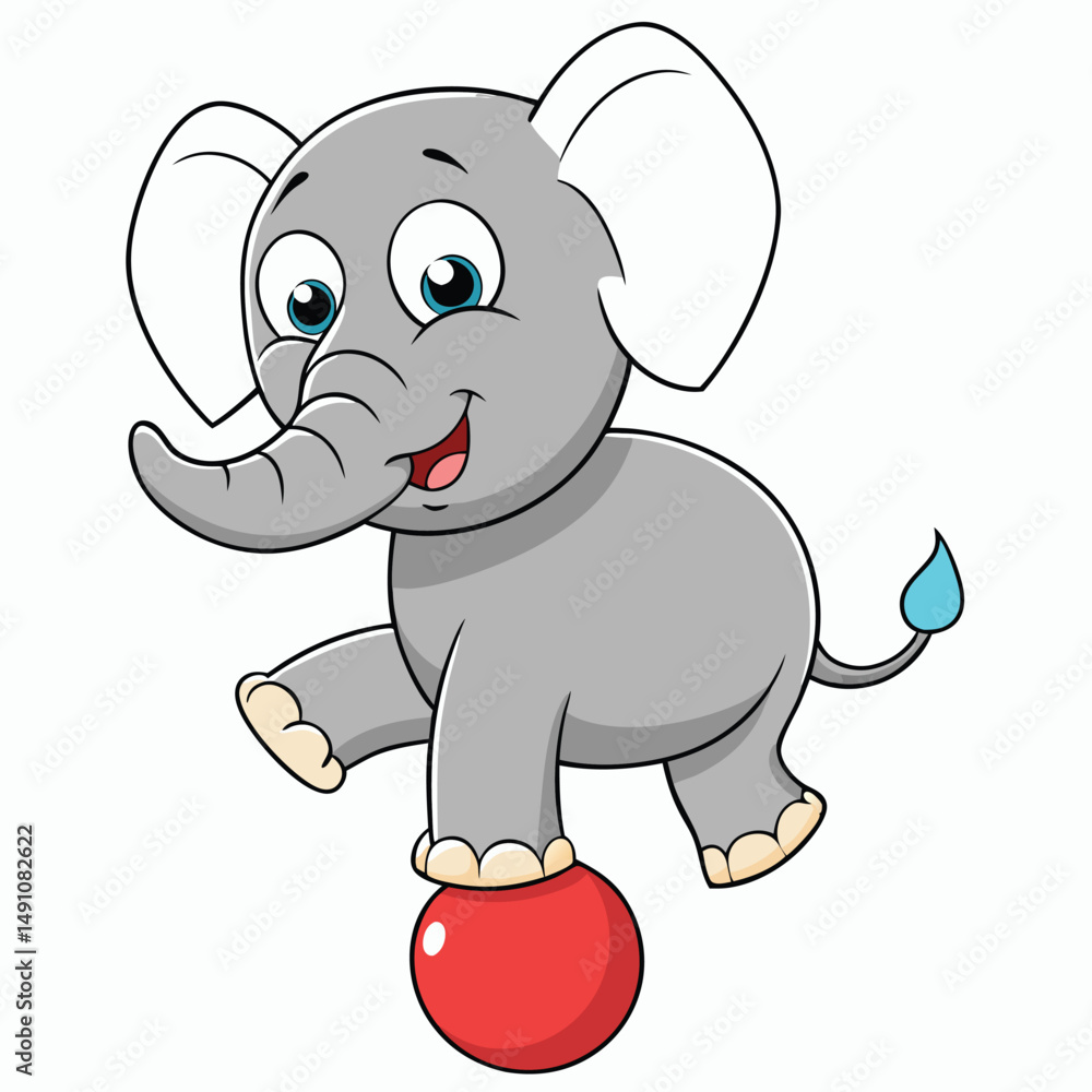 Naklejka premium Cartoon Elephant Performing Circus Trick on Red Ball – Cute Animal Clipart
