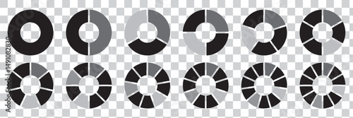 Pie charts diagram set. Circle pie charts 1,2,3,4,5,6,7,8,9,10,11,12 sections. Wheel round segment infographic part. Infographic element round shape. 