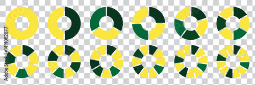 Pie charts diagram set. Circle pie charts 1,2,3,4,5,6,7,8,9,10,11,12 sections. Wheel round segment infographic part. Infographic element round shape. 