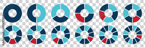 Pie charts diagram set. Circle pie charts 1,2,3,4,5,6,7,8,9,10,11,12 sections. Wheel round segment infographic part. Infographic element round shape. 