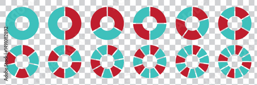 Pie charts diagram set. Circle pie charts 1,2,3,4,5,6,7,8,9,10,11,12 sections. Wheel round segment infographic part. Infographic element round shape. 