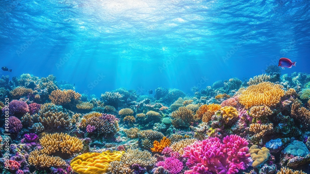 Fototapeta premium Vibrant coral reef underwater scene. Sunlight beams through the turquoise water, illuminating a diverse array of colorful coral formations. Schools of fish swim amidst the vibrant ecosystem