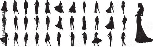 Silhouette fashion women vector set various poses dresses gowns skirts tops pants style elegant trendy poses