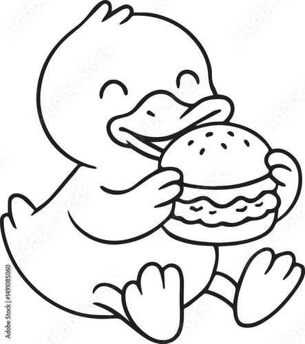 cute duck eating burger vector illustration