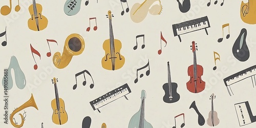 Colorful retro musical instrument and notes seamless pattern design