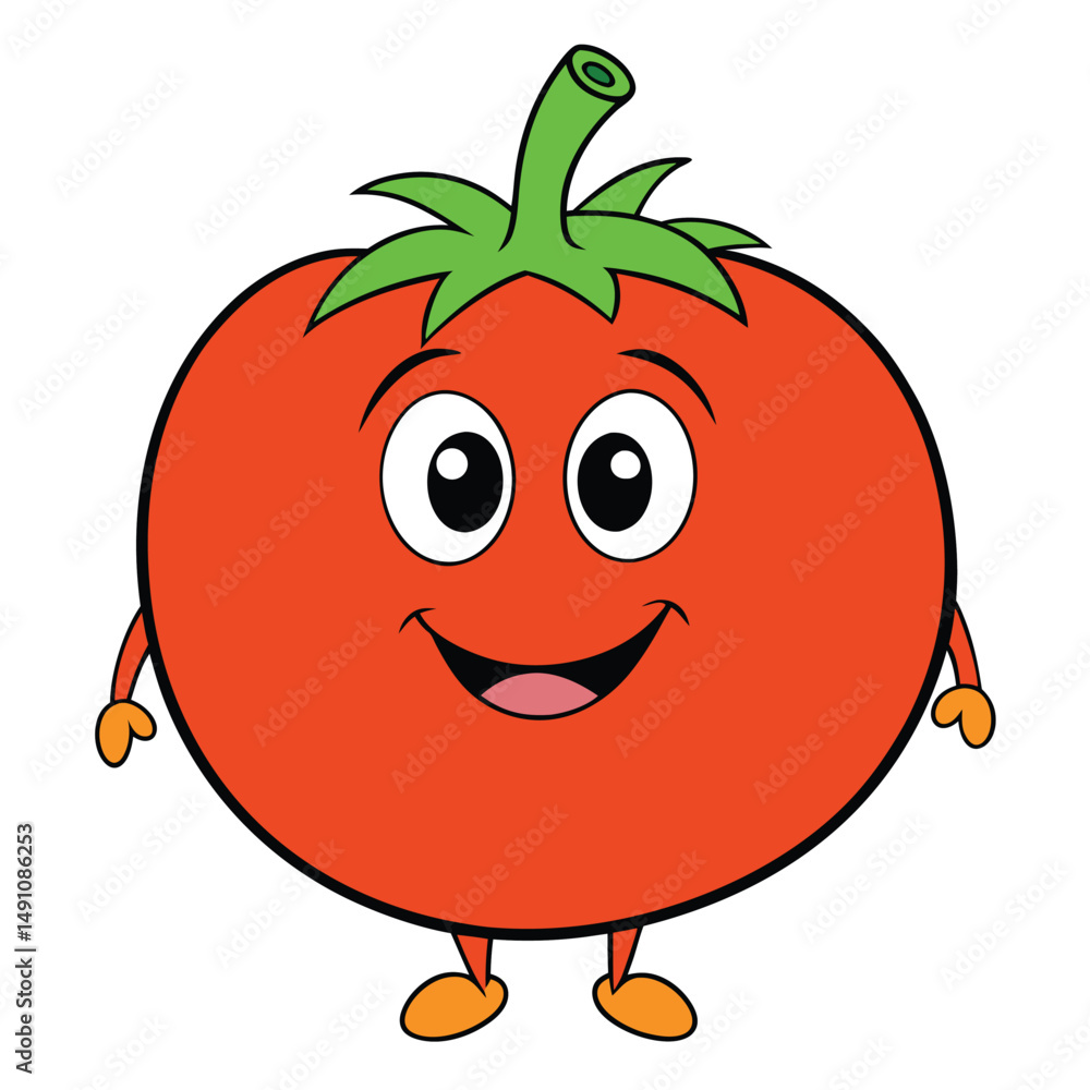Fototapeta premium Cartoon Tomato Character with Smiling Expression and Green Stem