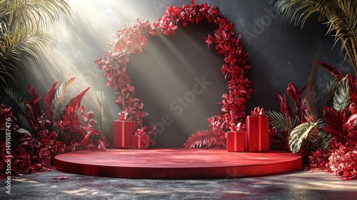 Red podium with floral archway