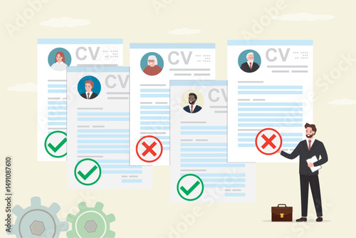 Problems of aging and employment discrimination, inequality in rights and difficulties in career for older people. HR agent or boss examining candidates resumes