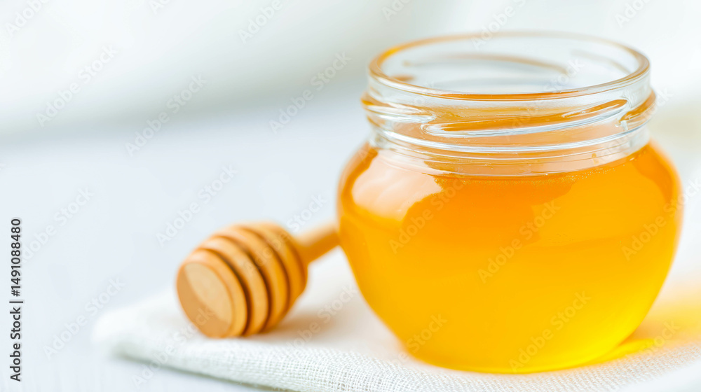 Golden Honey Jar With Wooden Dipper Rests on Linen Cloth in Soft Morning Sunlight Golden Honey Jar With Wooden Dipper Rests on Linen Cloth in Soft Morning Sunlight