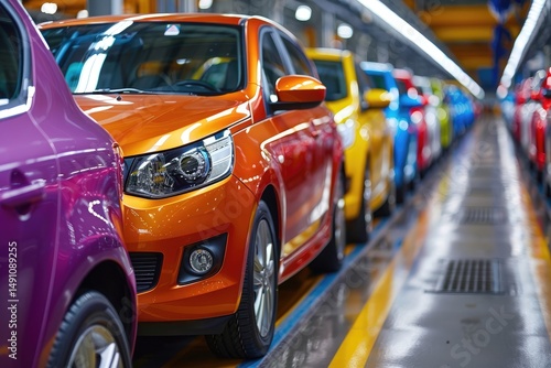 Colorful automobiles in a production facility.
