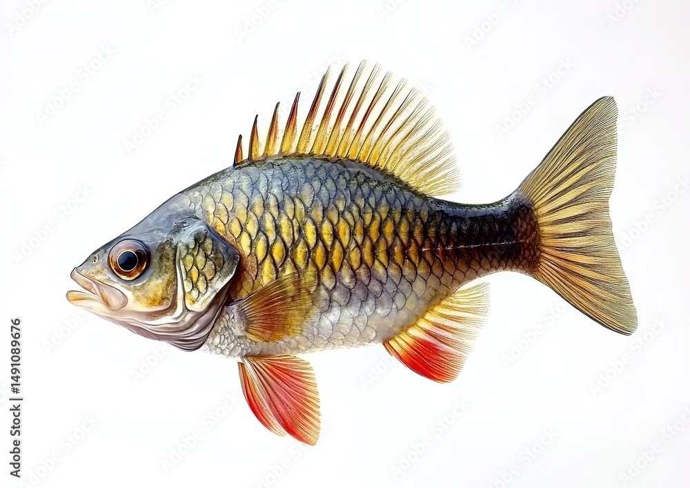 A colorful fish with a streamlined body, detailed scales, spiky dorsal fin, and red-tinted tail and pelvic fins, against a pure white background. A colorful fish with a streamlined body, detailed scales, spiky dorsal fin, and red-tinted tail and pelvic fins, against a pure white background.