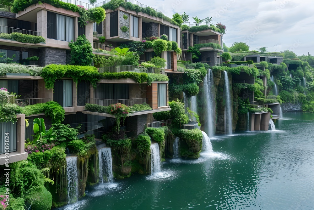 Lush, modern buildings nestled within cascading waterfalls Lush, modern buildings nestled within cascading waterfalls