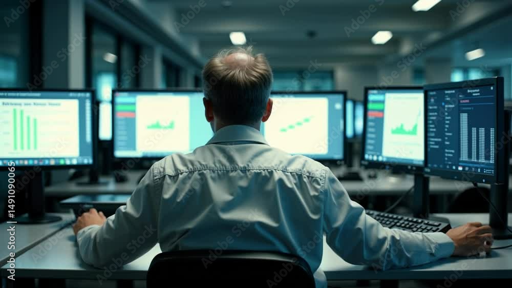 Timelapse of businessman working focused on computer with changing charts and documents in office environment Timelapse of businessman working focused on computer with changing charts and documents in office environment