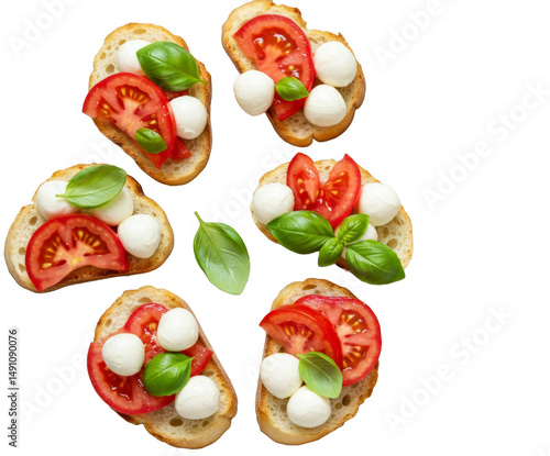 Classic Italian appetiser bruschetta, tomatoes and mozzarella, isolated on white background