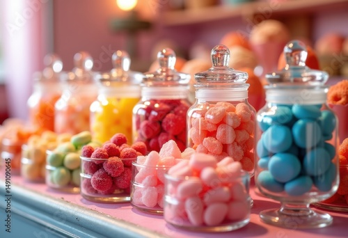 assorted colorful candies glass jars sweet treats vibrant sugar delights decorative array, assortment, variety, decoration, bright, multicolored, design