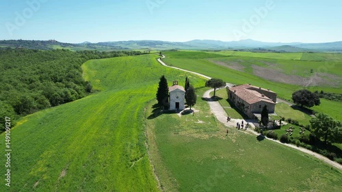Vitaleta Chapel aerial view in the wonderful valley of D'orcia in Tuscany. Drone footage.