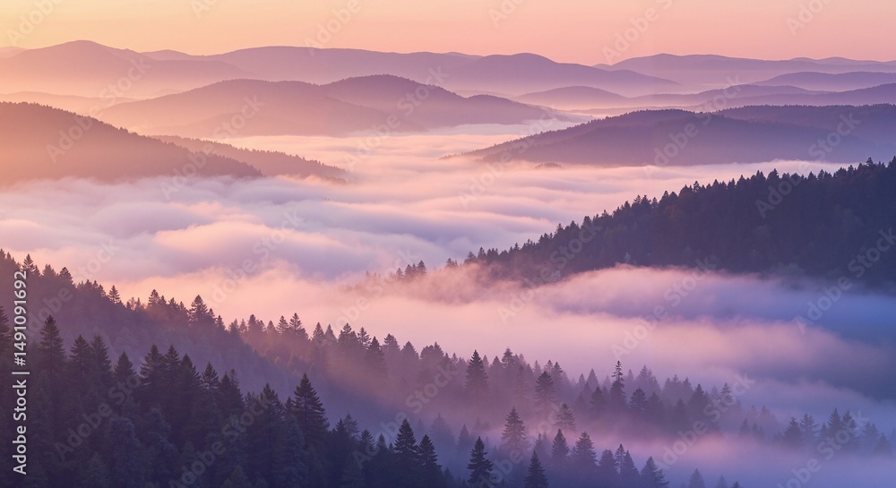 Fototapeta premium Pink and purple sunrise over forested hills and misty valleys