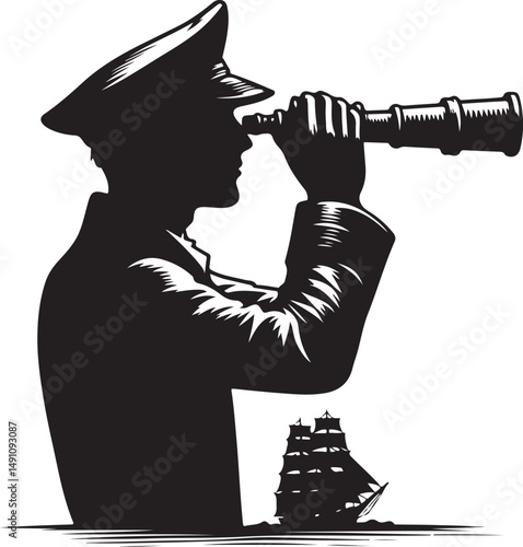 silhouette of a sailor looking through a telescope with a ship in the background