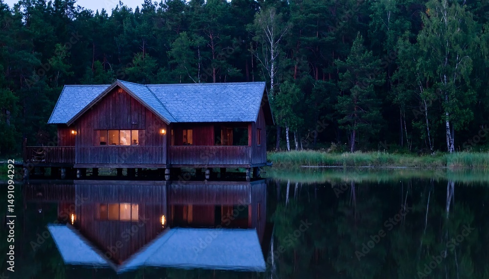 Fototapeta premium Cabin on stilts by lake at dusk, reflecting in water amid dark trees